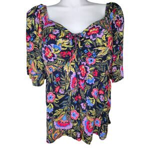 Floral Babydoll Peasant Top Boho Cottagecore Milkmaid Empire Waist Terra Sky 2X